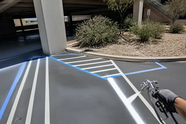 Contractor preparing parking lot striping and access aisles on an asphalt surface in Phoenix, AZ.