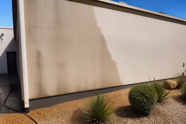 A freshly cleaned stucco and painted masonry wall in Phoenix, AZ, under bright desert sun.