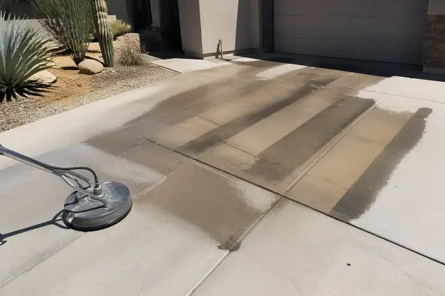 Clean stripes from a surface cleaner on a concrete driveway in Phoenix, AZ.