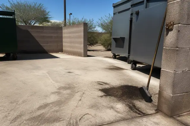 A commercial dumpster pad in Phoenix, AZ, showing grease removal and a pile of swept debris on concrete.