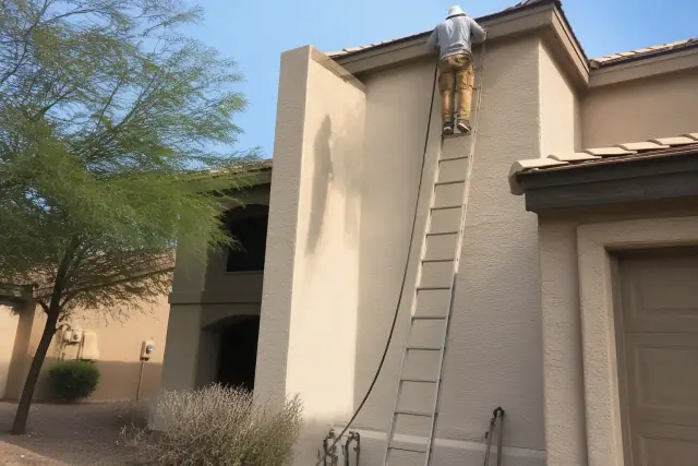 Two-story residential eaves and vinyl siding showing cleaned and mildewed sections in Phoenix, AZ.