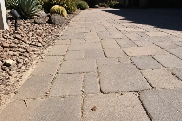 Washed-out joints between stone pavers on a walkway in Phoenix, AZ, showing sand loss and nearby desert landscaping.