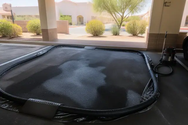 Containment berm with rubber mats and absorbent booms for wastewater control in a Phoenix, AZ parking garage.