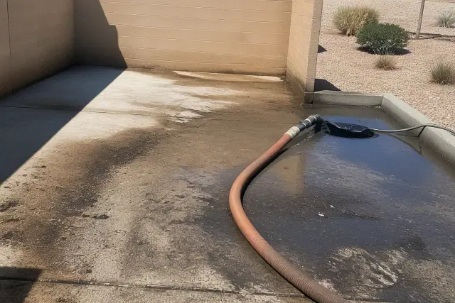 Vacuum hose and catch-basin bladder reclaiming gray water from a dirty dumpster pad in Phoenix, AZ.