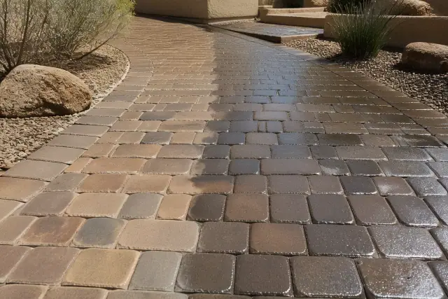 Wet-look glossy finish on an interlocking stone paver walkway in Phoenix, AZ.