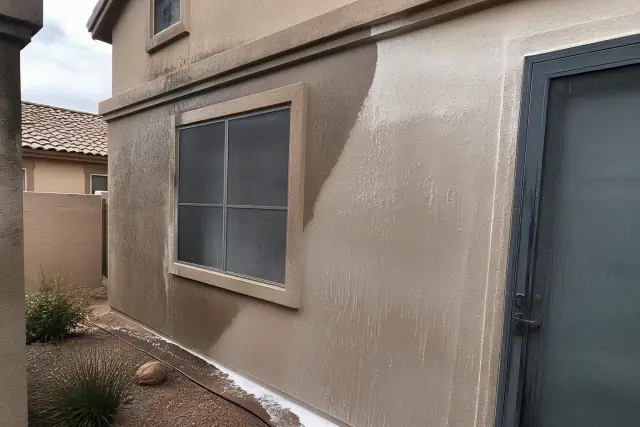 Half-cleaned stucco house exterior showing window frames and screens during a soft washing job in Phoenix, AZ.
