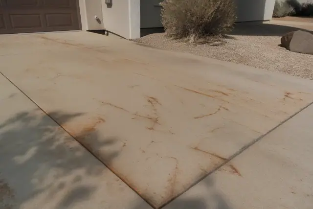 Wire-brush rust stains embedded in a residential concrete driveway in Phoenix, AZ, near desert landscaping.
