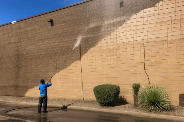 Industrial building wall being pressure washed with an X-Jet sprayer in Phoenix, AZ, showing clean and dirty masonry.