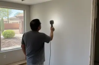 Contractor checking a smooth, finished drywall seam with a shop light in a Phoenix, AZ home.