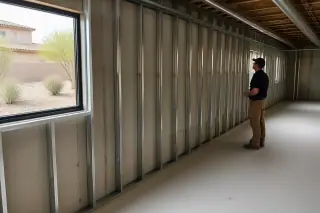 Technician inspecting metal stud wall framing near a window with desert landscaping in a Phoenix, AZ home.