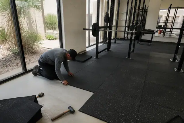 Technician installing rubber gym flooring tiles in a Phoenix, AZ fitness facility with squat racks.