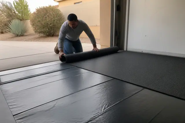 A worker unrolls a 10-mil moisture barrier beneath rubber flooring in a Phoenix, AZ garage workshop.