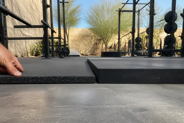 Technician installing 2.5-inch and 4.5-inch rubber flooring tiles in a fitness center in Phoenix, AZ.