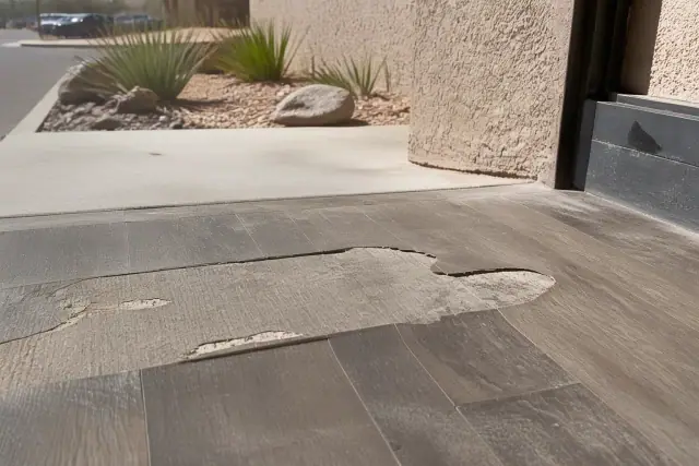Worn 20-Mil LVT flooring with surface damage near a sunlit storefront in Phoenix, AZ.