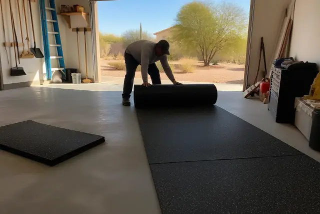 Worker unrolls rubber floor mats in a garage workshop in Phoenix, AZ.