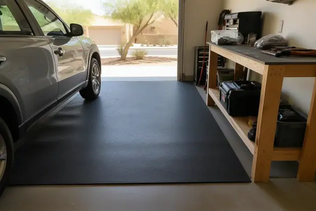 Recycled rubber mat laid flat on a concrete garage floor in Phoenix, AZ, under a vehicle and workbench.