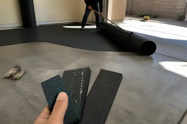 Worker unrolling sheets of 6mm, 8mm, and 10mm recycled rubber flooring in a Phoenix, AZ garage workshop.