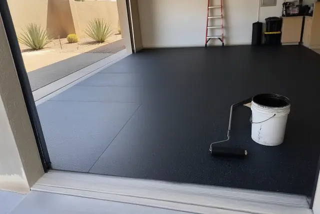 8mm rolled rubber flooring installed in a residential garage workshop in Phoenix, AZ.
