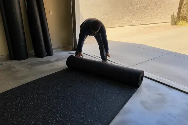A worker unrolling heavy-duty recycled rubber flooring on a concrete garage floor in Phoenix, AZ.