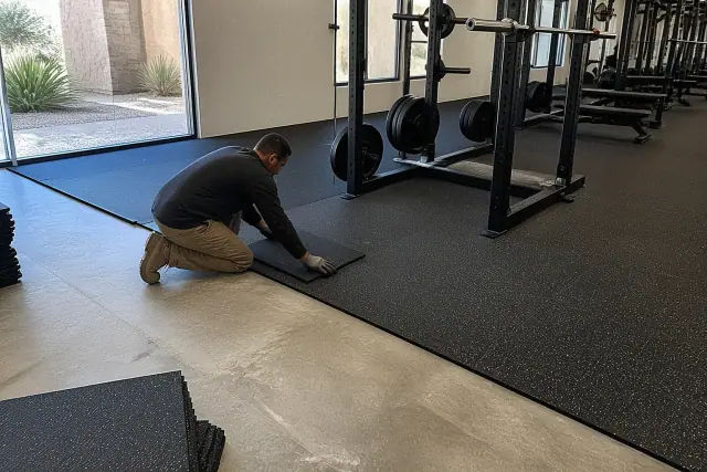 Technician installing rubber gym flooring in a Phoenix, AZ fitness center near a window with desert views.