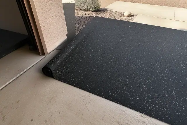 Worker unrolling sheets of black anti-fatigue rubber flooring on a concrete garage floor in Chandler, AZ.
