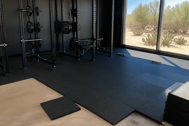 Technician installing heavy-duty rubber floor tiles in a Glendale, AZ gym with desert sunlight through a window.