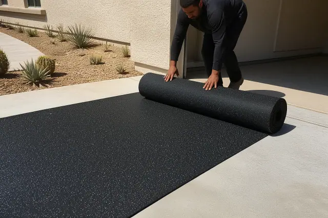 Worker unrolling recycled rubber flooring on a garage concrete floor in Goodyear, AZ.