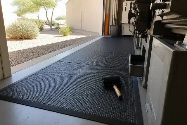 Anti-fatigue rubber mats installed near heavy machinery at an industrial facility in Peoria, AZ.
