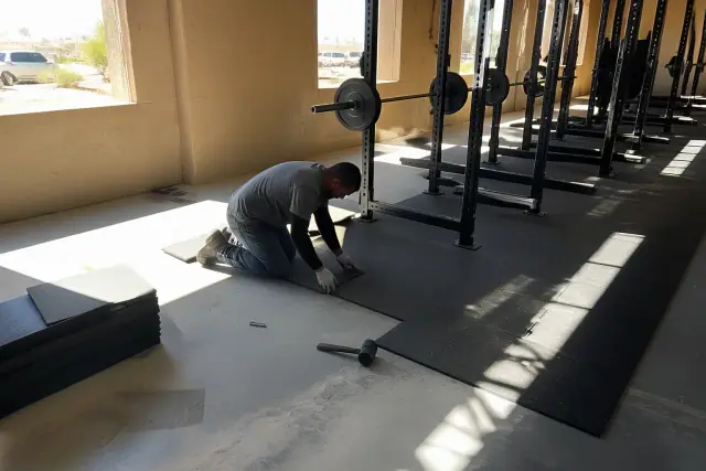 Technician installing heavy-duty rubber floor tiles in a Tempe, AZ gym.