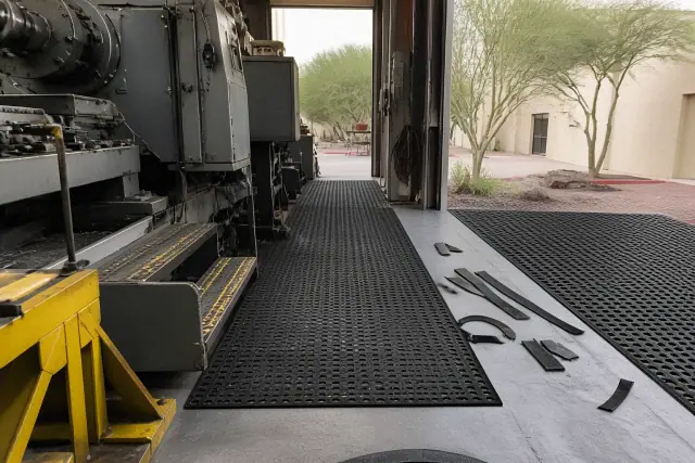 Anti-fatigue rubber flooring installed in an industrial facility in Scottsdale, AZ with desert views outside.