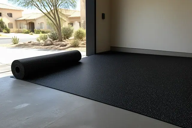 Worker unrolling anti-fatigue rubber flooring on a garage floor in Surprise, AZ.