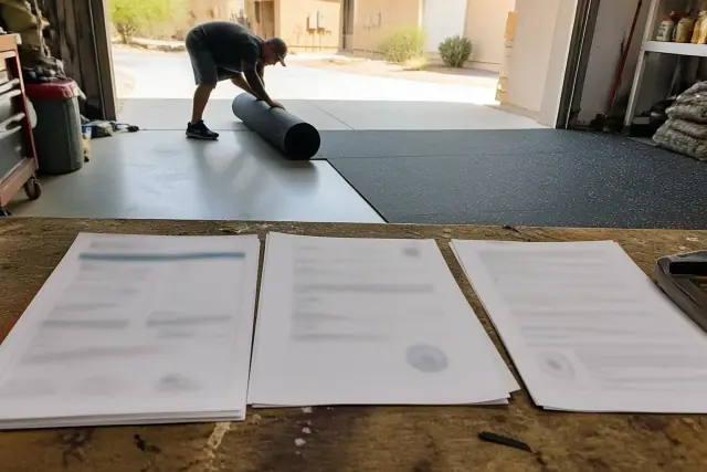 Arizona license and insurance documents on a garage workbench in Phoenix, AZ, as a worker installs rubber flooring.