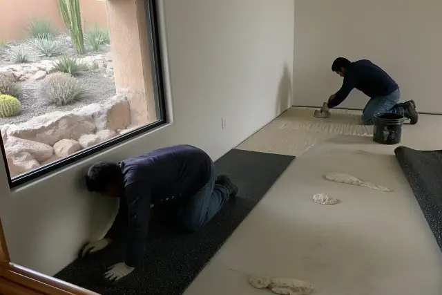 Crew installing rubber flooring on a concrete basement floor in a home in Scottsdale, AZ.