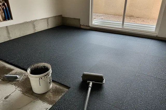 Rubber flooring installation with adhesive and a weighted roller on a residential basement floor in Mesa, AZ.