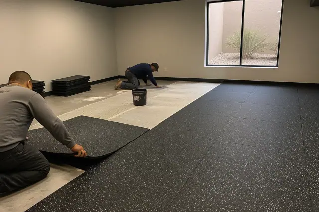 Contractor installing rubber flooring on a basement concrete floor in Peoria, AZ.