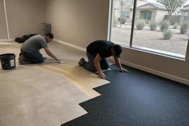 Contractors installing rubber flooring in a Chandler, AZ basement with residential homes visible through the window.