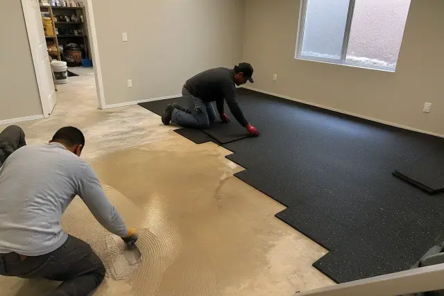 Crew members installing rubber flooring on a concrete basement floor in Goodyear, AZ.