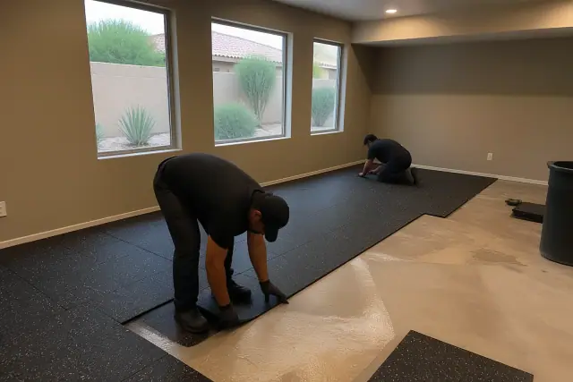 Crew installing rubber flooring in a basement recreational space in Surprise, AZ.