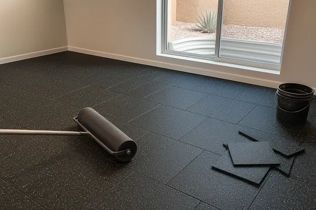 Rubber flooring installation on a concrete basement floor in Phoenix, AZ, showing seams and tools.