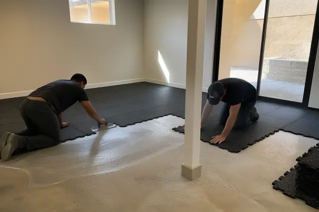 Contractors installing rubber flooring in a basement in Gilbert, AZ.
