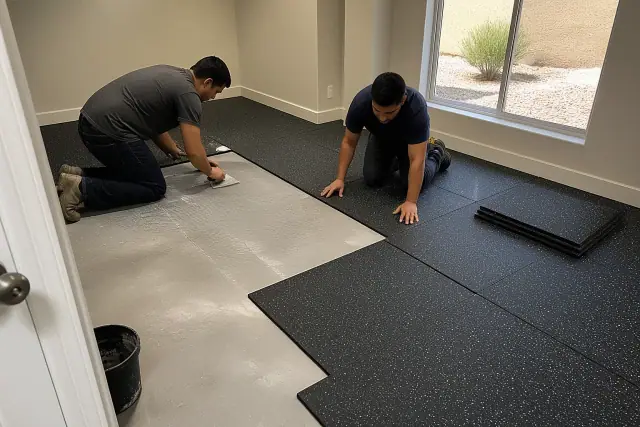 Workers installing rubber flooring on a concrete basement floor in Tempe, AZ.