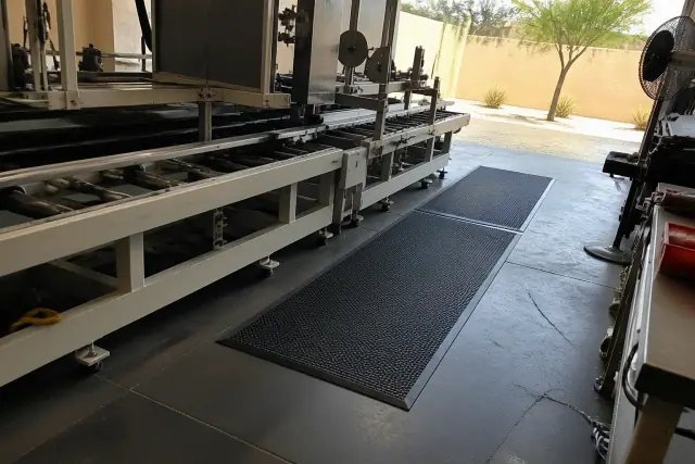Beveled-edge anti-fatigue rubber flooring mats at an industrial assembly station in Phoenix, AZ.