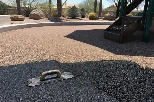 Technician troweling bonded rubber surfacing on a playground in Phoenix, AZ.