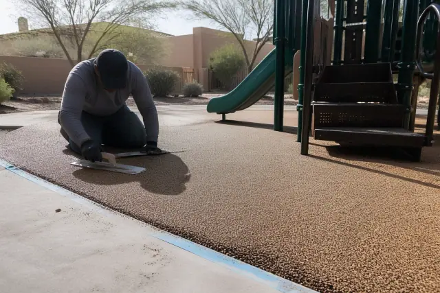 A technician troweling bonded rubber surfacing around playground equipment in Phoenix, AZ.