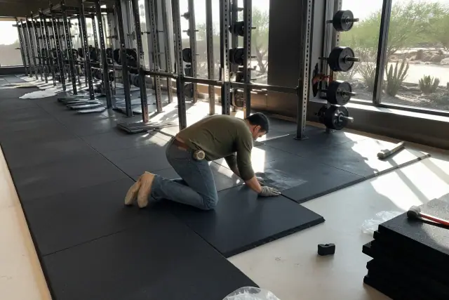 Technician installing rubber gym tiles on a concrete floor at a construction site in Phoenix, AZ.