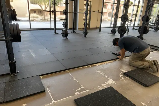 Technician installing heavy-duty rubber floor tiles in a commercial gym in Mesa, AZ.