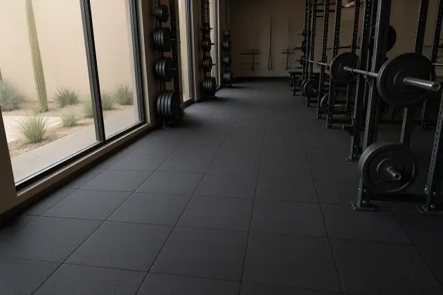 Technician installing heavy-duty rubber floor tiles in a Tempe, AZ gym with xeriscaping visible through the window.