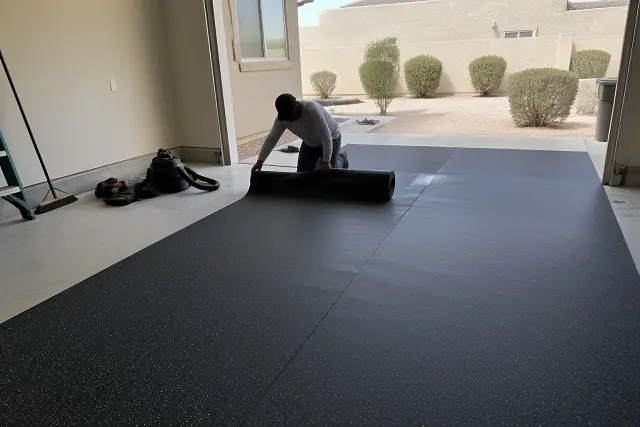 Worker installing commercial rubber flooring on a garage concrete floor in Phoenix, AZ.