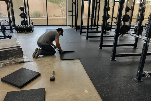 Technician installing rubber flooring tiles in a gym in Peoria, AZ.
