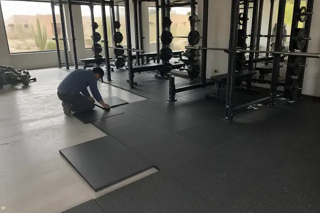 Technician installing heavy-duty rubber floor tiles in a Goodyear, AZ gym with squat racks.